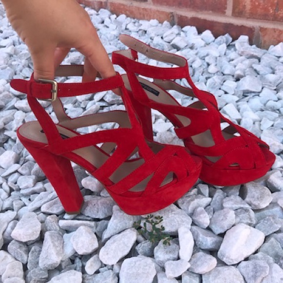 Zara Orange Strappy Velvet block Platform Sandals - Picture 2 of 8